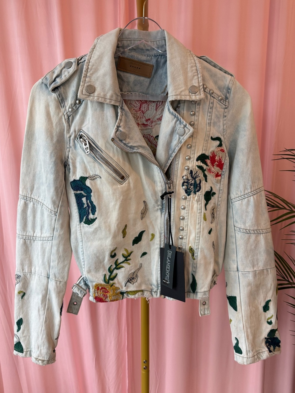 BLANKNYC Floral Embroidered Studded Denim Cotton Moto Jacket XS NWT